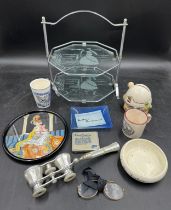 Quantity of vintage miscellaneous items to include, a chrome and glass cake stand 25cm h, a pair