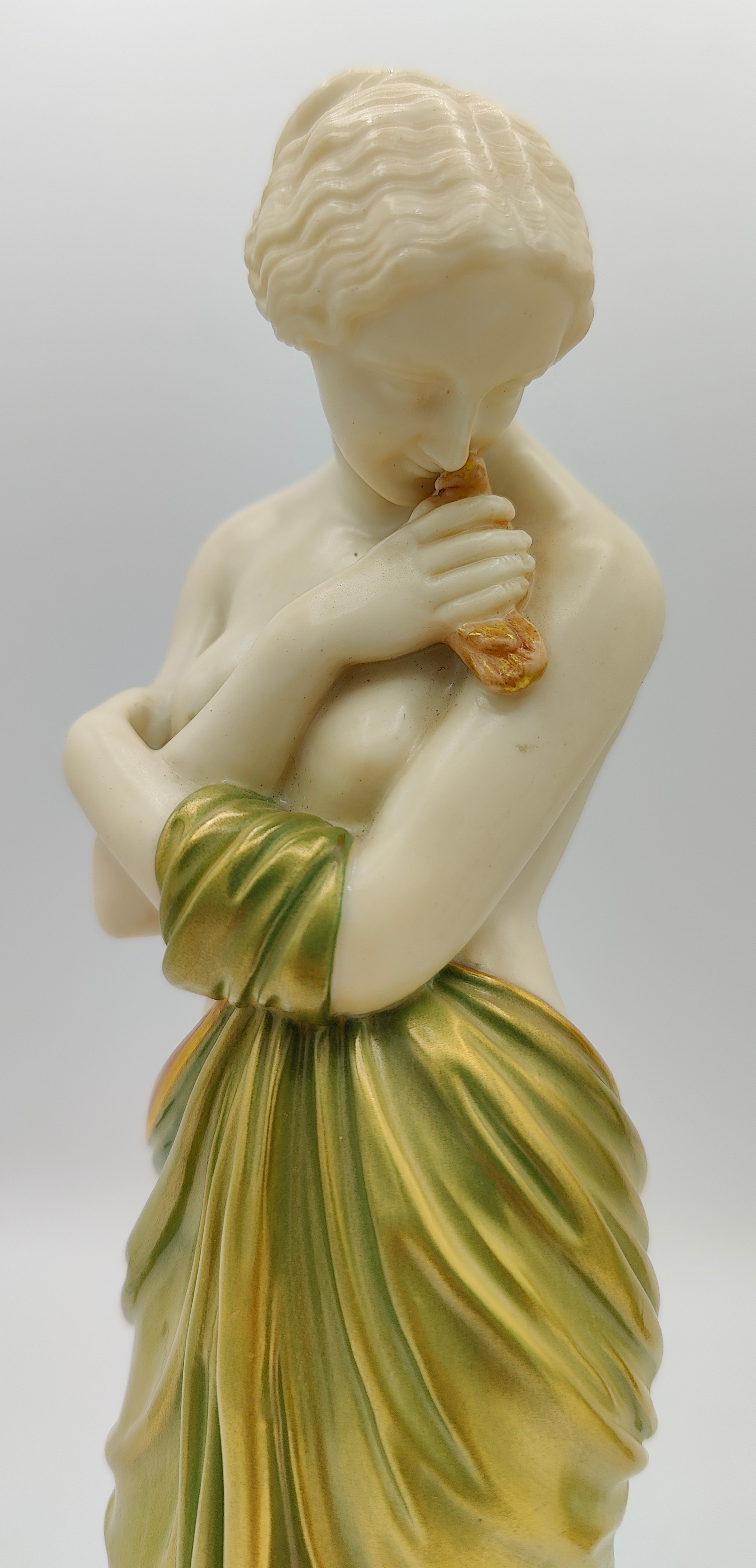 A pair of Royal Worcester figures 'Joy' and 'Sorrow' both in green and gold fabric impressed marks - Image 3 of 8