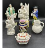 A group of 19thC ceramics to include 3 Staffordshire flat backs tallest 34cm h, one "Robbie