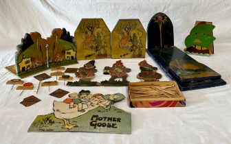 A miscellany of vintage wooden items to include three sets of book ends, one extending to 52cm ,