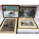 A collection of three paintings from various artists to include, a watercolour of a lake landscape