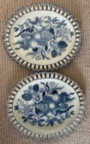 Two 18thC Pearlware blue and white plates depicting fruit. 25 x 21cm.