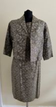 A 1960's Mandell Couture London dress and matching jacket in olive green and silver lurex,