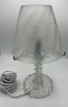 A chrome and glass table lamp with etched glass shade. 34cm h.