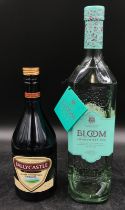 A bottle of Bloom London dry gin 1 litre 40% along with a bottle of Bally Castle classic Irish