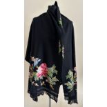 A black vintage embroidered wool shawl. 67 x 180cm including tassels.