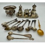 Silverplate and silver to include Eastern condiment set depicting camels, salt bowl with 800? marked