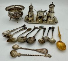 Silverplate and silver to include Eastern condiment set depicting camels, salt bowl with 800? marked