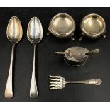 A quantity of silver items to include two 19thC serving spoons, a pickle fork marked sterling, two