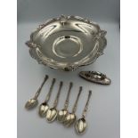 Hallmarked silver to include pedestal dish Sheffield 1957 maker Walker and Hall, six coffee spoons