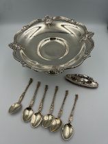 Hallmarked silver to include pedestal dish Sheffield 1957 maker Walker and Hall, six coffee spoons