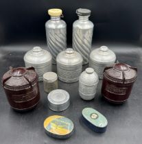 Various vintage tins and containers to include two aluminium water bottles 24cm h, three Huntley &