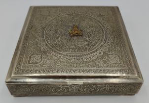 A fine Iranian Vartan 84 silver square box, featuring a Shir O Khorshid gilded lion and sun, a pre-