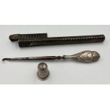 Silver to include toothbrush holder Birmingham 1888, maker George Unite and sons, a silver handled