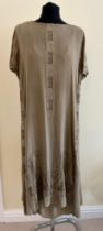 A 1920's olive green silk embroidered two piece dress, under slip measuring underarm to underarm