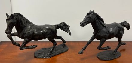 Two bronze galloping horses, both signed indistinctly and dated 1980. 41cm l x 29cm h and 43cm l x