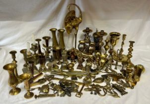 A large collection of mainly brassware to include Flamingo, 46cm h, various animals to include