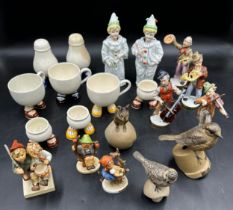 A quantity of ceramics comprising, two 19thC ceramic nodders tallest 18cm h, 3 x Goebel figures,