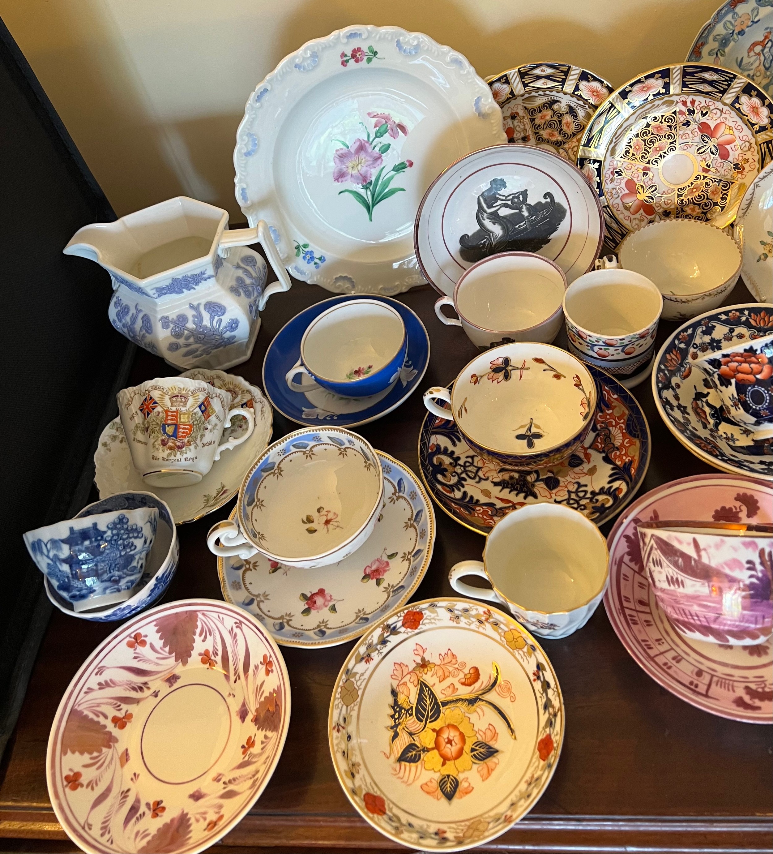 A collection of 18thC and 19thC cups, saucers, plates, jug etc. Various factories to include Bloor - Image 3 of 5
