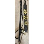 Railway horse brasses and leather harness marked LMS. London Midland and Scottish