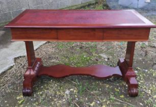 A 19thC mahogany desk with three drawers to the front and red leather top. 125cm w x 59cm d x 46cm