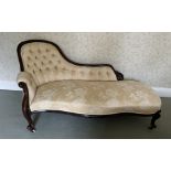 A 19thC rosewood upholstered chaise lounge with serpentine front. 171 w x 89 d x 89cm h.