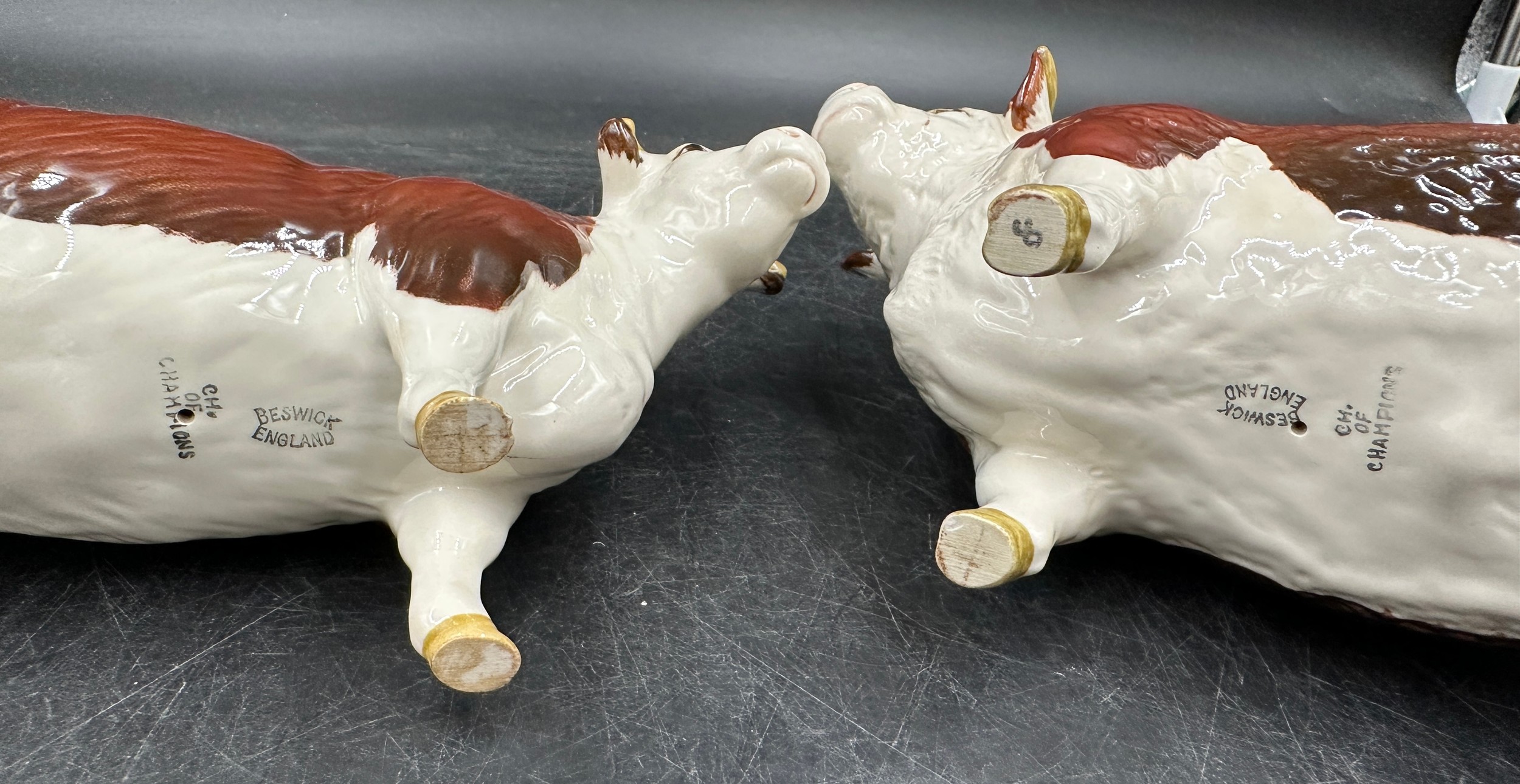 Two Beswick Ch. of Champions - Hereford Bull 10cm h and cow figurines together with a calf. All - Image 3 of 3