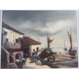 An oil on canvas coastal scene with fishing boats and nets. 49.5cm x 64.5cm. Signed R Palmer lower