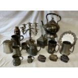 Silverplate to include kettle on stand, candelabra, cocktail shaker and a Lewis & Rose ornate