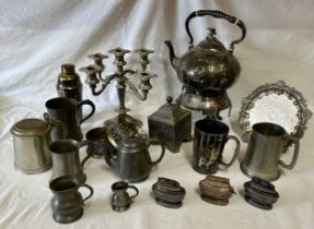 Silverplate to include kettle on stand, candelabra, cocktail shaker and a Lewis & Rose ornate