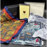 Two silk boxed handkerchiefs, one Dunhill with a paisley pattern 44 x43cm the other from Aspinall of