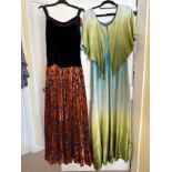 Two vintage dresses to include a 1930's ? silk and orange sleeveless silk devoré dress, underarm