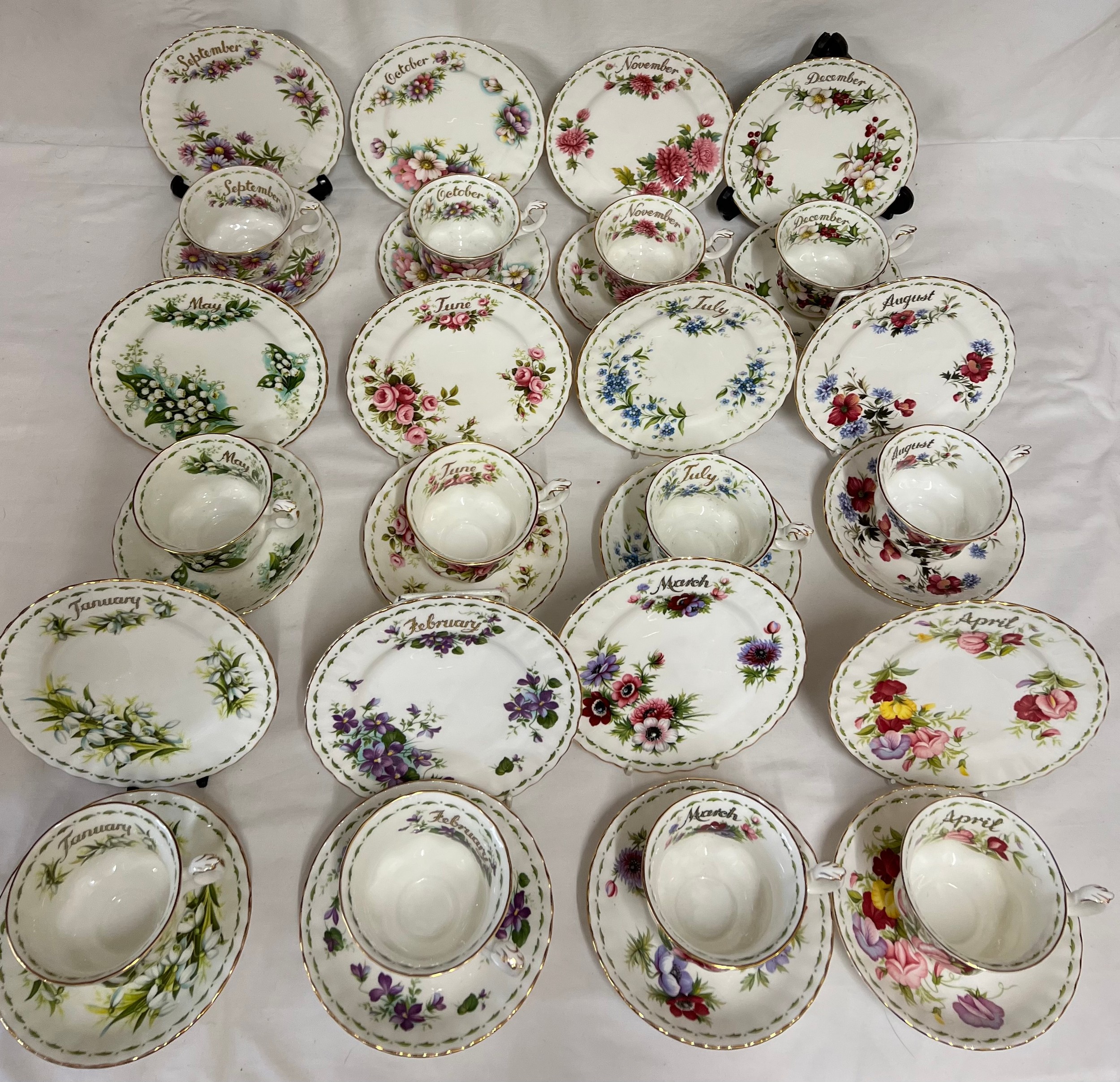 All twelve months of Royal Albert Flowers Of The Month series cups, saucers and plates, plus one - Image 2 of 6