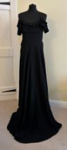 A 1950's black, crepe off the shoulder evening dress with straps, press studs to side opening and