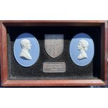 Two Wedgwood Jasperware and a silver plaque in wooden frame to commemorate the Silver Jubilee