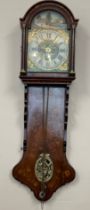A Dutch mid 19thC 30 hour long tail Frisian clock with mahogany marquetry and bird cage movement.