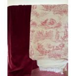 Two pairs of curtains. The first in red and cream Toile de Jouy interlined with taped pencil pleats,