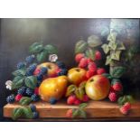 John F Smith (British 1934-). A still life of fruit and foliage, oil on board, signed lower right.