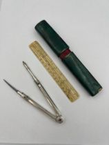 An early 19thC shagreen cased draughtsman’s compass and ruler set. 13cm l.