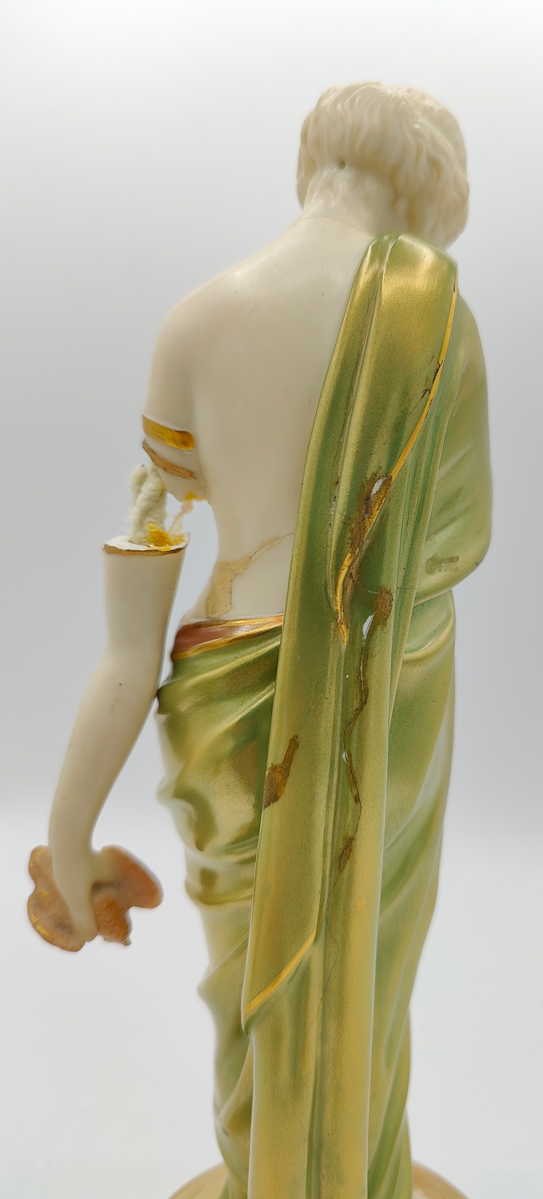 A pair of Royal Worcester figures 'Joy' and 'Sorrow' both in green and gold fabric impressed marks - Image 7 of 8