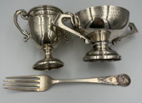 Two silver cups awarded for dog shows, the Nedwob Cup For Best Bitch Puppy Birmingham 1923,