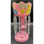 A Victorian pink glass lustre with fruit decoration to the top section 37cm h.