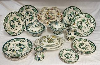Masons Chartreuse pattern to include 10 dinner plates, 2 lidded tureens, 4 plates 23cm d, 3 side