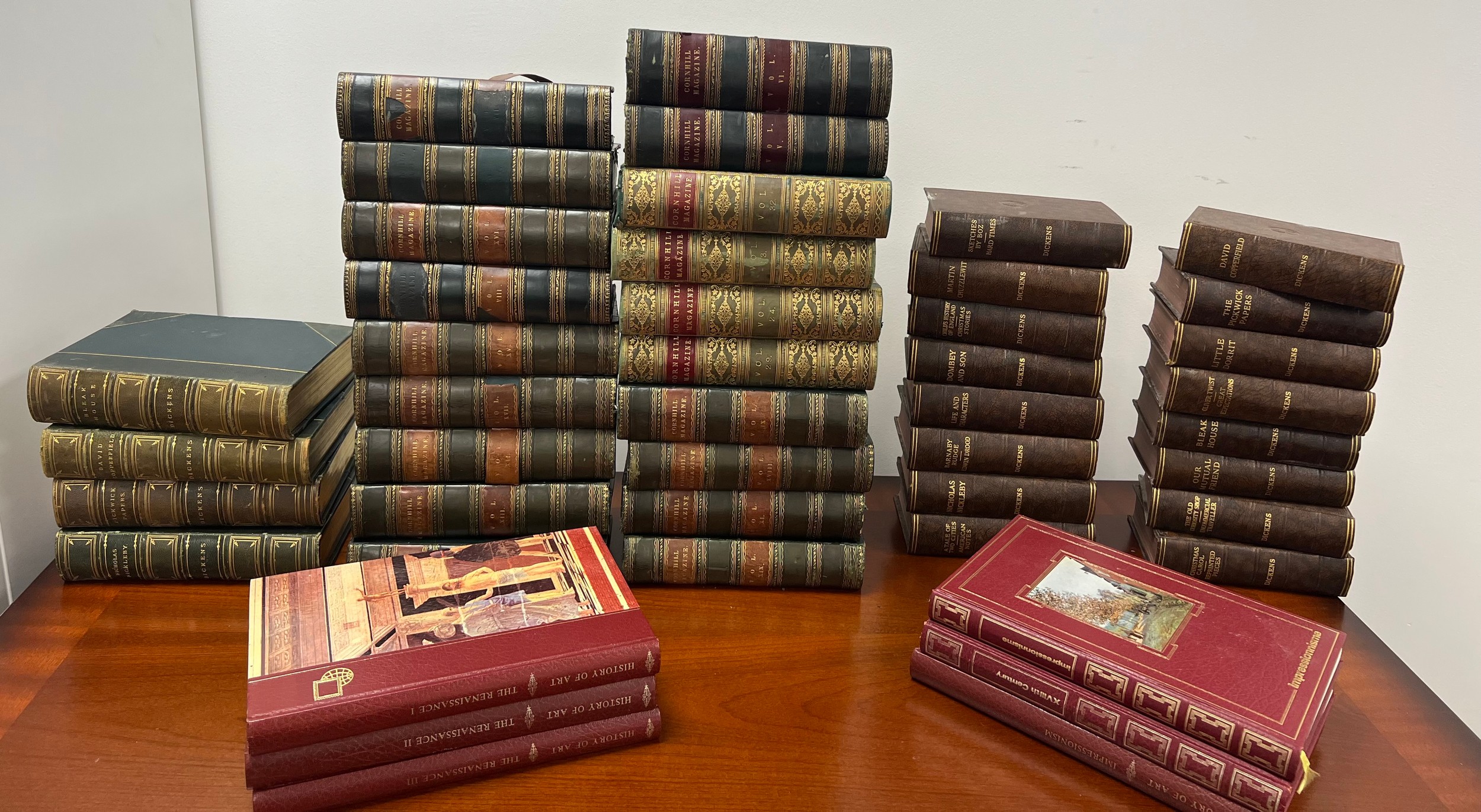 Books to include 23 leather bound, Dickens and Cornhill Magazine. 45 in total.