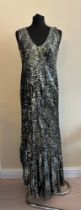 A 1930s sleeveless bias cut sequinned evening gown with plunge neckline. Measures from back of