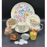 Various ceramics to include: a Poole charger 34cm d, a Burleigh Ware 'Farmers Arms' large cup and