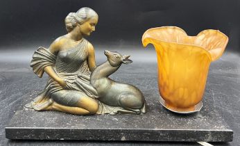 A French Art Deco spelter table lamp on black marble base. Female figure with a fawn and a mottled