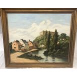 Malcolm Doughty (British, 20thC) oil on board of village scene with river signed lower left 55 x