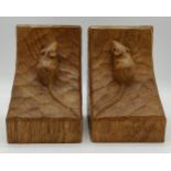 Robert 'Mouseman' Thompson a pair of Mouseman bookends, each with adzed surface and carved mouse