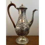 Silver repousée Queen Anne style coffee pot with whaling scenes, marked to lid and body, G Knight